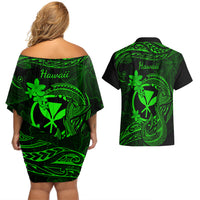 Hawaii Couples Matching Off Shoulder Short Dress and Hawaiian Shirt Fish Hook Tattoo Mix Polynesian Plumeria Green Version - Wonder Print Shop