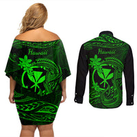 Hawaii Couples Matching Off Shoulder Short Dress and Long Sleeve Button Shirts Fish Hook Tattoo Mix Polynesian Plumeria Green Version - Wonder Print Shop