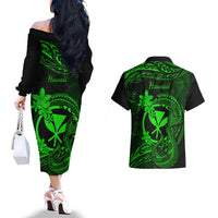 Hawaii Couples Matching Off The Shoulder Long Sleeve Dress and Hawaiian Shirt Fish Hook Tattoo Mix Polynesian Plumeria Green Version - Wonder Print Shop