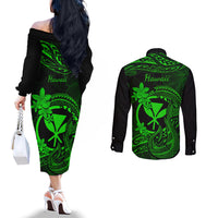 hawaii-couples-matching-off-the-shoulder-long-sleeve-dress-and-long-sleeve-button-shirts-fish-hook-tattoo-mix-polynesian-plumeria-green-version
