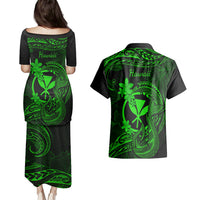 Hawaii Couples Matching Puletasi Dress and Hawaiian Shirt Fish Hook Tattoo Mix Polynesian Plumeria Green Version - Wonder Print Shop