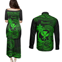 Hawaii Couples Matching Puletasi Dress and Long Sleeve Button Shirts Fish Hook Tattoo Mix Polynesian Plumeria Green Version - Wonder Print Shop