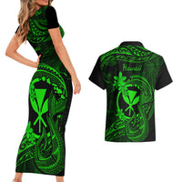 Hawaii Couples Matching Short Sleeve Bodycon Dress and Hawaiian Shirt Fish Hook Tattoo Mix Polynesian Plumeria Green Version - Wonder Print Shop