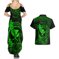 Hawaii Couples Matching Summer Maxi Dress and Hawaiian Shirt Fish Hook Tattoo Mix Polynesian Plumeria Green Version - Wonder Print Shop