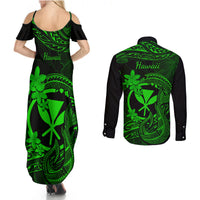 Hawaii Couples Matching Summer Maxi Dress and Long Sleeve Button Shirts Fish Hook Tattoo Mix Polynesian Plumeria Green Version - Wonder Print Shop