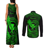 Hawaii Couples Matching Tank Maxi Dress and Long Sleeve Button Shirts Fish Hook Tattoo Mix Polynesian Plumeria Green Version - Wonder Print Shop