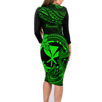 Hawaii Family Matching Long Sleeve Bodycon Dress and Hawaiian Shirt Fish Hook Tattoo Mix Polynesian Plumeria Green Version - Wonder Print Shop