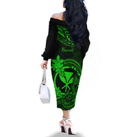 Hawaii Family Matching Off Shoulder Long Sleeve Dress and Hawaiian Shirt Fish Hook Tattoo Mix Polynesian Plumeria Green Version - Wonder Print Shop