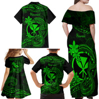 Hawaii Family Matching Off Shoulder Maxi Dress and Hawaiian Shirt Fish Hook Tattoo Mix Polynesian Plumeria Green Version - Wonder Print Shop