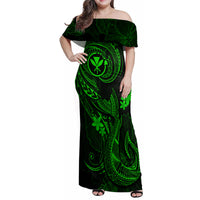 Hawaii Family Matching Off Shoulder Maxi Dress and Hawaiian Shirt Fish Hook Tattoo Mix Polynesian Plumeria Green Version - Wonder Print Shop