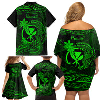 Hawaii Family Matching Off Shoulder Short Dress and Hawaiian Shirt Fish Hook Tattoo Mix Polynesian Plumeria Green Version - Wonder Print Shop