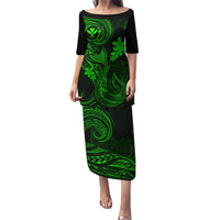 Hawaii Family Matching Puletasi Dress and Hawaiian Shirt Fish Hook Tattoo Mix Polynesian Plumeria Green Version - Wonder Print Shop