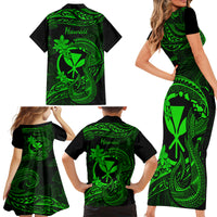 Hawaii Family Matching Short Sleeve Bodycon Dress and Hawaiian Shirt Fish Hook Tattoo Mix Polynesian Plumeria Green Version - Wonder Print Shop