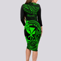 Hawaii Long Sleeve Bodycon Dress Fish Hook Tattoo Mix Polynesian Plumeria Green Version - Wonder Print Shop