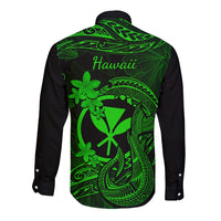 Hawaii Long Sleeve Button Shirt Fish Hook Tattoo Mix Polynesian Plumeria Green Version - Wonder Print Shop