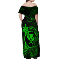 Hawaii Off Shoulder Maxi Dress Fish Hook Tattoo Mix Polynesian Plumeria Green Version - Wonder Print Shop