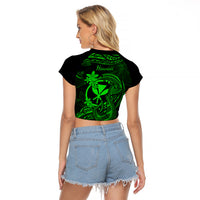 Hawaii Raglan Cropped T Shirt Fish Hook Tattoo Mix Polynesian Plumeria Green Version - Wonder Print Shop