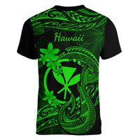 Hawaii Women V Neck T Shirt Fish Hook Tattoo Mix Polynesian Plumeria Green Version - Wonder Print Shop