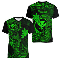 Hawaii Women V Neck T Shirt Fish Hook Tattoo Mix Polynesian Plumeria Green Version - Wonder Print Shop