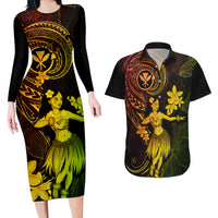 Hawaii Couples Matching Long Sleeve Bodycon Dress and Hawaiian Shirt Hula Girl Mix Polynesian Plumeria Reggae Version - Wonder Print Shop