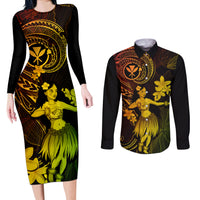 Hawaii Couples Matching Long Sleeve Bodycon Dress and Long Sleeve Button Shirts Hula Girl Mix Polynesian Plumeria Reggae Version - Wonder Print Shop