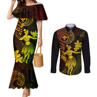 hawaii-couples-matching-mermaid-dress-and-long-sleeve-button-shirts-hula-girl-mix-polynesian-plumeria-reggae-version