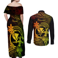 Hawaii Couples Matching Off Shoulder Maxi Dress and Long Sleeve Button Shirts Hula Girl Mix Polynesian Plumeria Reggae Version - Wonder Print Shop