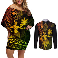 Hawaii Couples Matching Off Shoulder Short Dress and Long Sleeve Button Shirts Hula Girl Mix Polynesian Plumeria Reggae Version - Wonder Print Shop