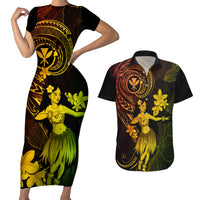 Hawaii Couples Matching Short Sleeve Bodycon Dress and Hawaiian Shirt Hula Girl Mix Polynesian Plumeria Reggae Version - Wonder Print Shop