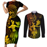 Hawaii Couples Matching Short Sleeve Bodycon Dress and Long Sleeve Button Shirts Hula Girl Mix Polynesian Plumeria Reggae Version - Wonder Print Shop