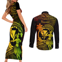 Hawaii Couples Matching Short Sleeve Bodycon Dress and Long Sleeve Button Shirts Hula Girl Mix Polynesian Plumeria Reggae Version - Wonder Print Shop