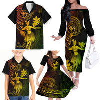 Hawaii Family Matching Off Shoulder Long Sleeve Dress and Hawaiian Shirt Hula Girl Mix Polynesian Plumeria Reggae Version - Wonder Print Shop