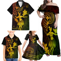 Hawaii Family Matching Off Shoulder Maxi Dress and Hawaiian Shirt Hula Girl Mix Polynesian Plumeria Reggae Version - Wonder Print Shop