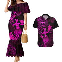 Hawaii Couples Matching Mermaid Dress and Hawaiian Shirt Hula Girl Mix Polynesian Plumeria Pink Version - Wonder Print Shop