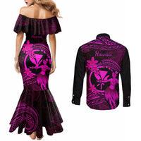 hawaii-couples-matching-mermaid-dress-and-long-sleeve-button-shirts-hula-girl-mix-polynesian-plumeria-pink-version