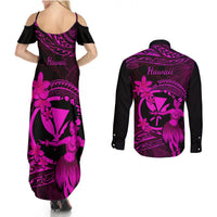 Hawaii Couples Matching Summer Maxi Dress and Long Sleeve Button Shirts Hula Girl Mix Polynesian Plumeria Pink Version - Wonder Print Shop