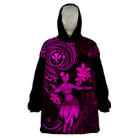 Hawaii Wearable Blanket Hoodie Hula Girl Mix Polynesian Plumeria Pink Version - Wonder Print Shop