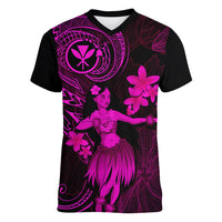 Hawaii Women V Neck T Shirt Hula Girl Mix Polynesian Plumeria Pink Version - Wonder Print Shop