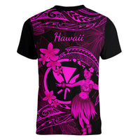 Hawaii Women V Neck T Shirt Hula Girl Mix Polynesian Plumeria Pink Version - Wonder Print Shop