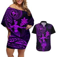 Hawaii Couples Matching Off Shoulder Short Dress and Hawaiian Shirt Hula Girl Mix Polynesian Plumeria Purple Version - Wonder Print Shop