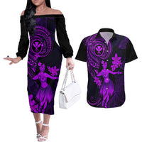 Hawaii Couples Matching Off The Shoulder Long Sleeve Dress and Hawaiian Shirt Hula Girl Mix Polynesian Plumeria Purple Version - Wonder Print Shop