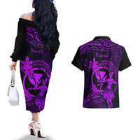 Hawaii Couples Matching Off The Shoulder Long Sleeve Dress and Hawaiian Shirt Hula Girl Mix Polynesian Plumeria Purple Version - Wonder Print Shop