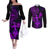 hawaii-couples-matching-off-the-shoulder-long-sleeve-dress-and-long-sleeve-button-shirts-hula-girl-mix-polynesian-plumeria-purple-version