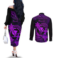 hawaii-couples-matching-off-the-shoulder-long-sleeve-dress-and-long-sleeve-button-shirts-hula-girl-mix-polynesian-plumeria-purple-version