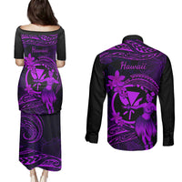 Hawaii Couples Matching Puletasi Dress and Long Sleeve Button Shirts Hula Girl Mix Polynesian Plumeria Purple Version - Wonder Print Shop