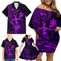 Hawaii Family Matching Off Shoulder Short Dress and Hawaiian Shirt Hula Girl Mix Polynesian Plumeria Purple Version - Wonder Print Shop