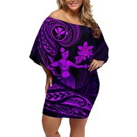 Hawaii Family Matching Off Shoulder Short Dress and Hawaiian Shirt Hula Girl Mix Polynesian Plumeria Purple Version - Wonder Print Shop