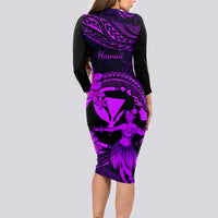 Hawaii Long Sleeve Bodycon Dress Hula Girl Mix Polynesian Plumeria Purple Version - Wonder Print Shop