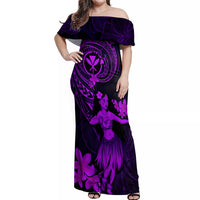 Hawaii Off Shoulder Maxi Dress Hula Girl Mix Polynesian Plumeria Purple Version - Wonder Print Shop