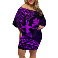 Hawaii Off Shoulder Short Dress Hula Girl Mix Polynesian Plumeria Purple Version - Wonder Print Shop